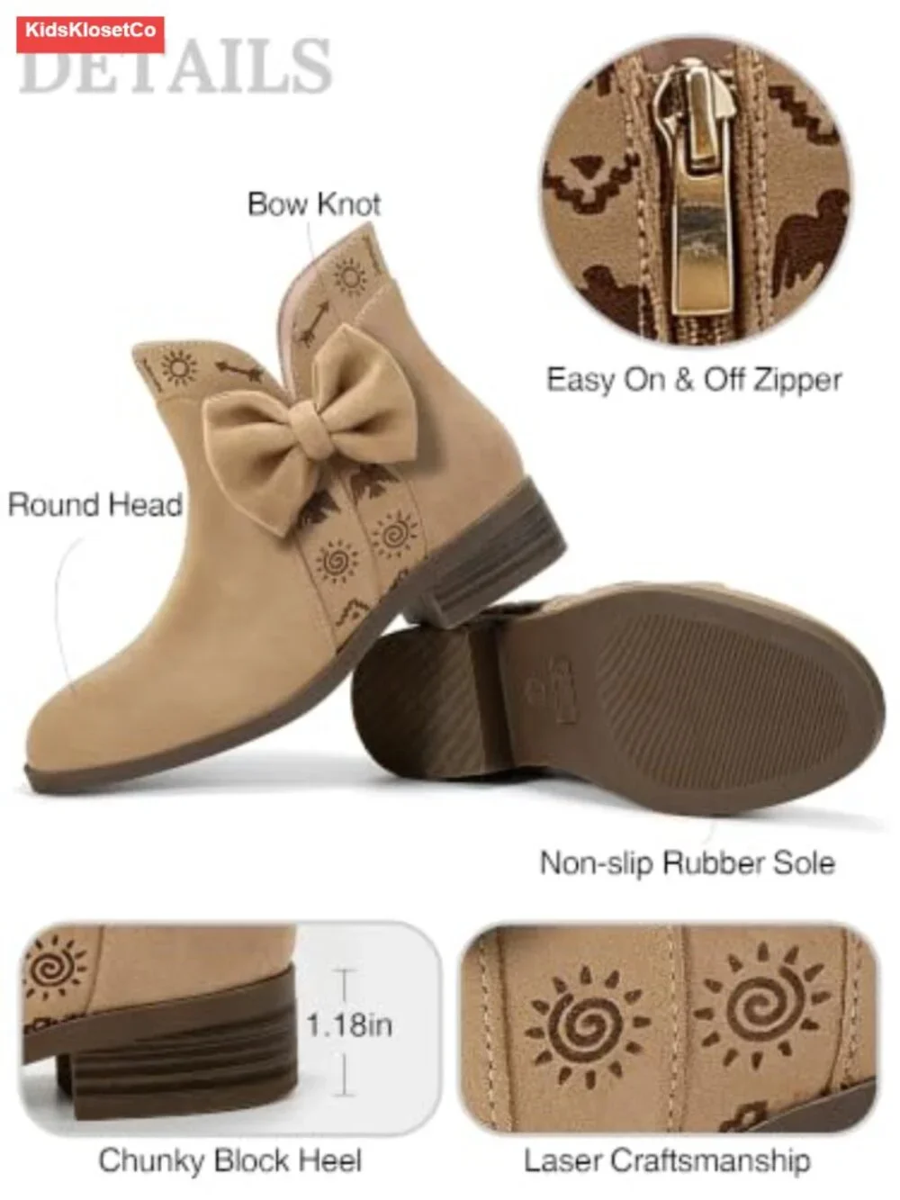 Girls Lambskin Insole Ankle Boots Low Heel Booties Side Bow Slip-On